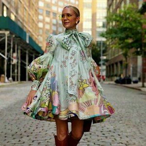 NWT Zimmermann Runway Concert Tie Neck Bow Unicorn Mint Collage Mini Dress